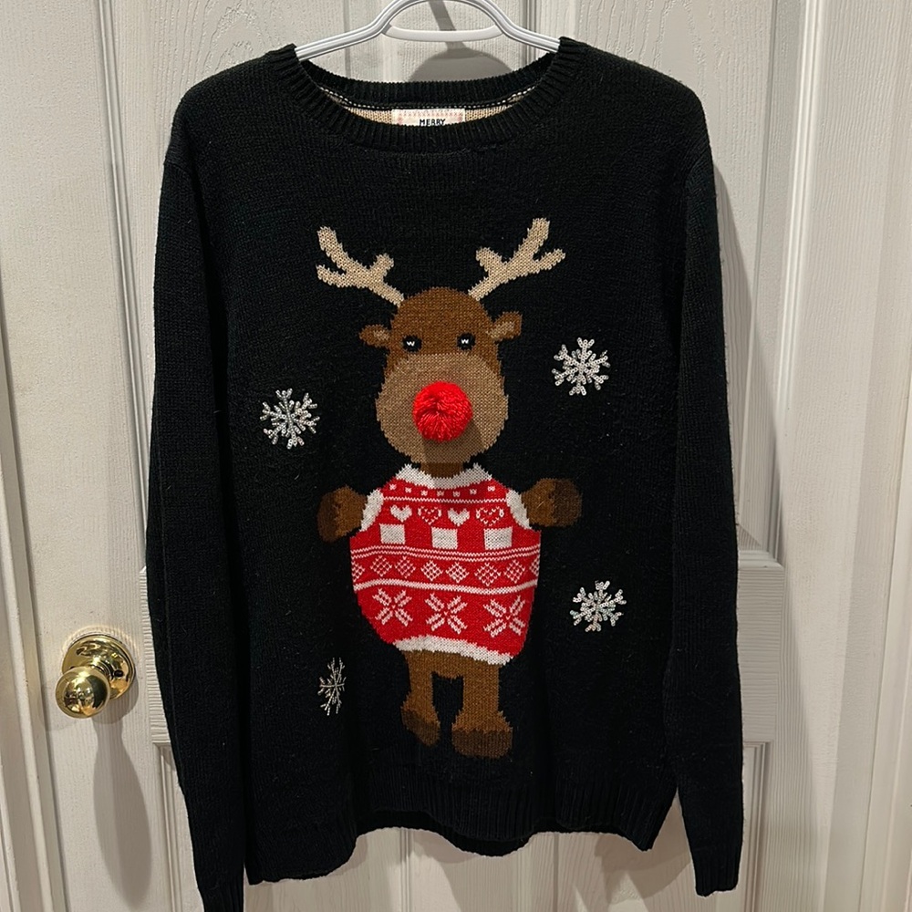 Daisy’s boutique Black/Red Rudolph Red Nose Reindeer Knit Christmas Sweater